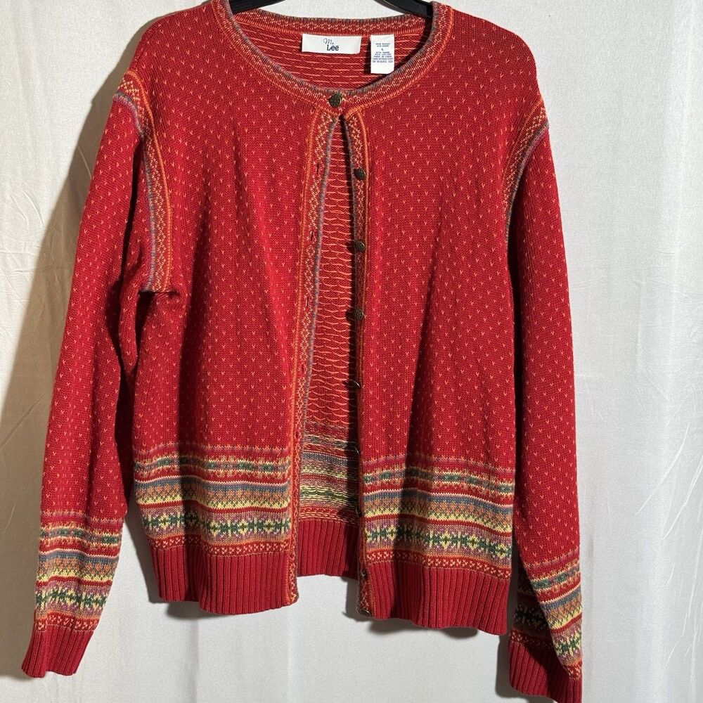 Mrs Lee Fair Isle Cardigan Sweater Red Nordic Knit Button Front Long Sleeve